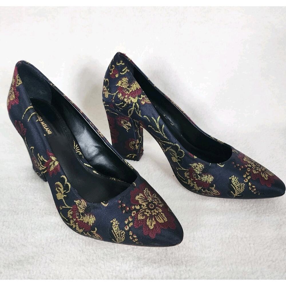 Antonio Melani Valo Jacquard Fabric Pumps Pointed Toe Navy Burgundy Gold Sz 8